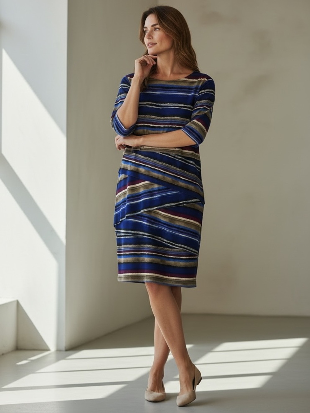 connected apparel Striped Boatneck Midi Dress in Navy, Blue, Cream and Burgundy